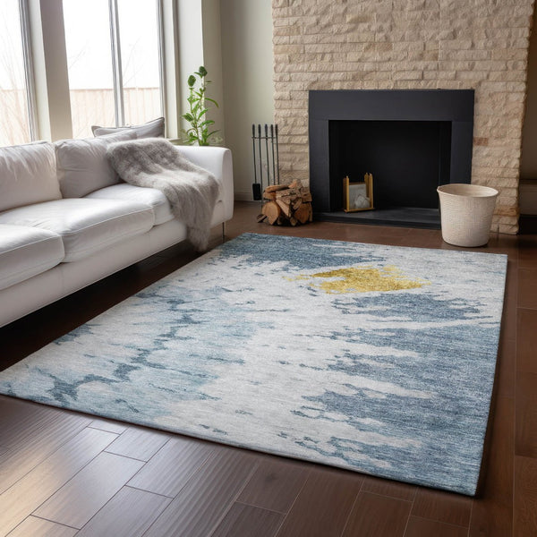 HomeRoots 10' Blue Gold Ivory Abstract Washable Area Rug - Stylish, Durable, Stain-Resistant & UV Protected! 651292