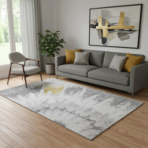 HomeRoots 5' X 8' Gray Gold Ivory Abstract Area Rug - Washable, UV-Protected, Stain-Resistant for Busy Homes 651294