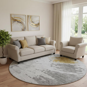 HomeRoots 8' Gray Gold And Ivory Abstract Washable Round Rug - Durable, UV-Resistant, Stylish for Modern Homes 651295