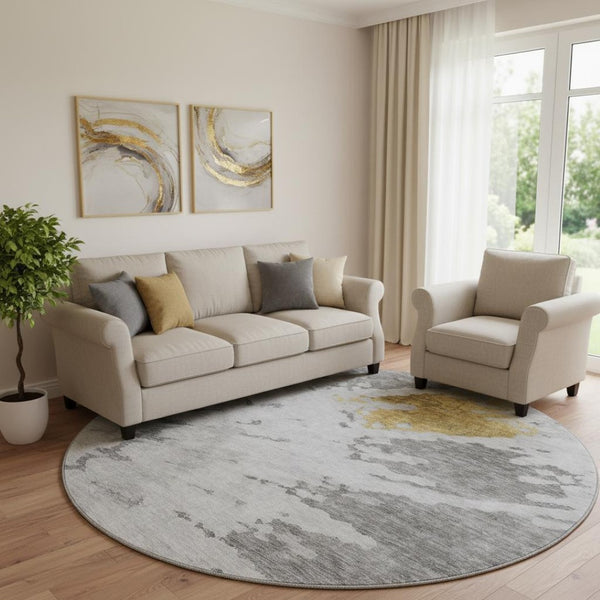 HomeRoots 8' Gray Gold And Ivory Abstract Washable Round Rug - Durable, UV-Resistant, Stylish for Modern Homes 651295