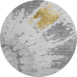 HomeRoots 8' Gray Gold And Ivory Abstract Washable Round Rug - Durable, UV-Resistant, Stylish for Modern Homes 651295