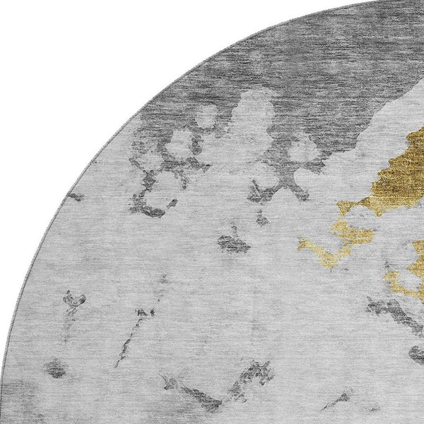 HomeRoots 8' Gray Gold And Ivory Abstract Washable Round Rug - Durable, UV-Resistant, Stylish for Modern Homes 651295