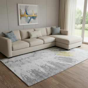HomeRoots 8' X 10' Contemporary Gray Gold Ivory Washable Area Rug with UV Protection for High-Traffic Spaces 651296