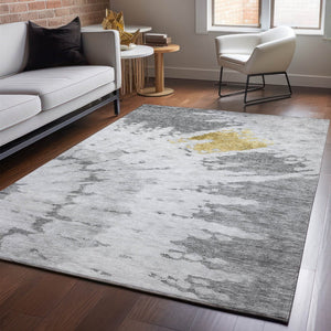 HomeRoots 8' X 10' Contemporary Gray Gold Ivory Washable Area Rug with UV Protection for High-Traffic Spaces 651296