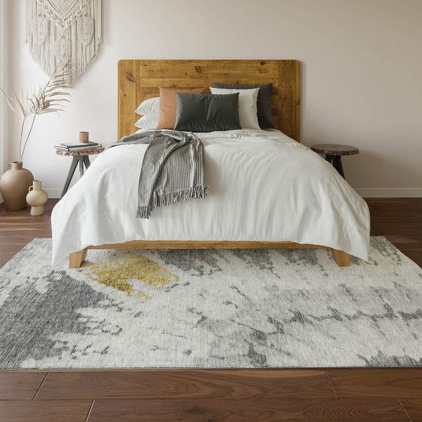 HomeRoots 8' X 10' Contemporary Gray Gold Ivory Washable Area Rug with UV Protection for High-Traffic Spaces 651296