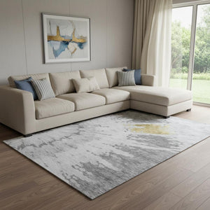 HomeRoots 9' X 12' Washable Gray Gold Ivory Abstract Area Rug with UV Protection for Modern Spaces & Durability 651297