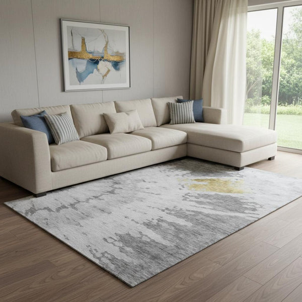 HomeRoots 9' X 12' Washable Gray Gold Ivory Abstract Area Rug with UV Protection for Modern Spaces & Durability 651297