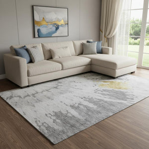 HomeRoots 10' Contemporary Gray Gold Ivory Abstract Washable Area Rug - UV Protection & Easy Care Design 651298
