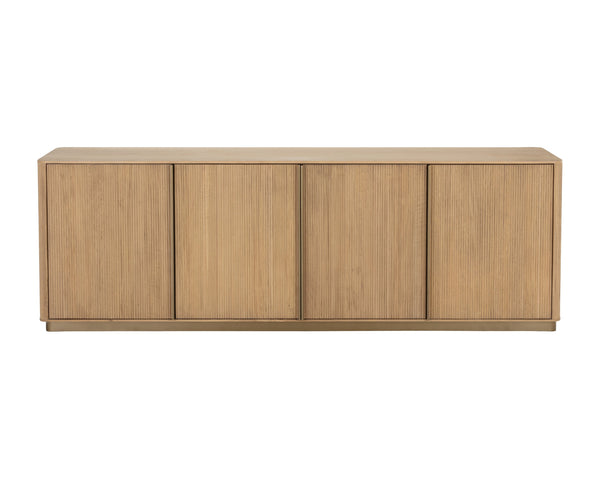 Sunpan Kalla Sideboard: Elegant Oak Design with Brushed Gold Accents, Soft Closing Doors, and Adjustable Shelves Rustic Oak