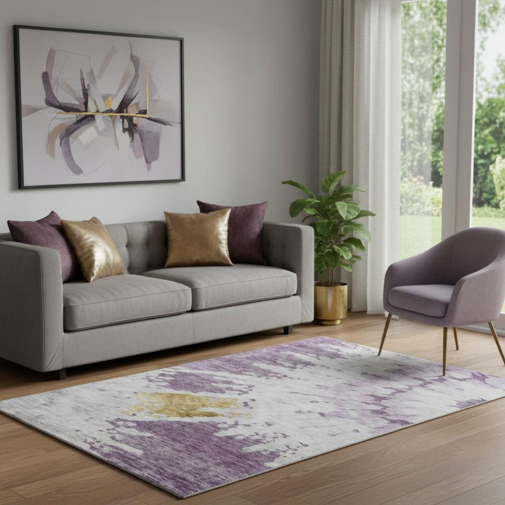 HomeRoots 5' X 8' Abstract Purple, Gold & Ivory Washable Area Rug with UV Protection – Durable & Stylish Decor 651300