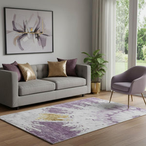 HomeRoots 5' X 8' Abstract Purple, Gold & Ivory Washable Area Rug with UV Protection – Durable & Stylish Decor 651300