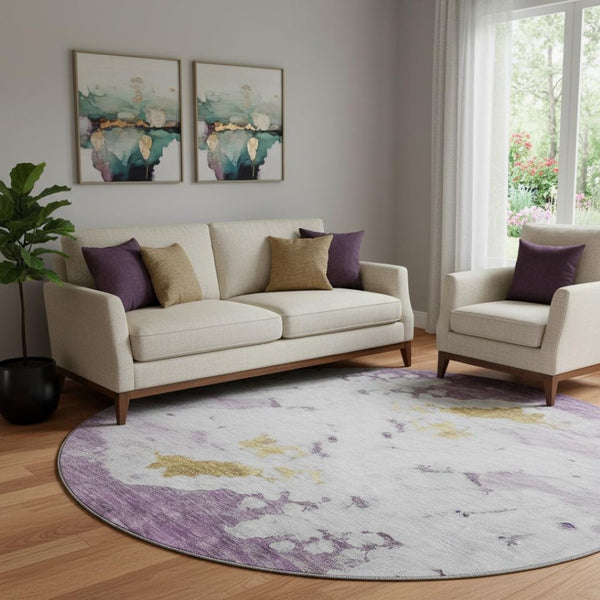 HomeRoots 8' Washable Round Rug in Purple, Gold & Ivory - UV Protected, Durable, Stylish for Family Spaces 651301