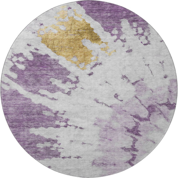 HomeRoots 8' Washable Round Rug in Purple, Gold & Ivory - UV Protected, Durable, Stylish for Family Spaces 651301
