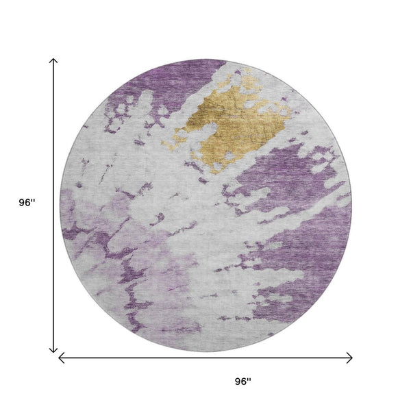 HomeRoots 8' Washable Round Rug in Purple, Gold & Ivory - UV Protected, Durable, Stylish for Family Spaces 651301