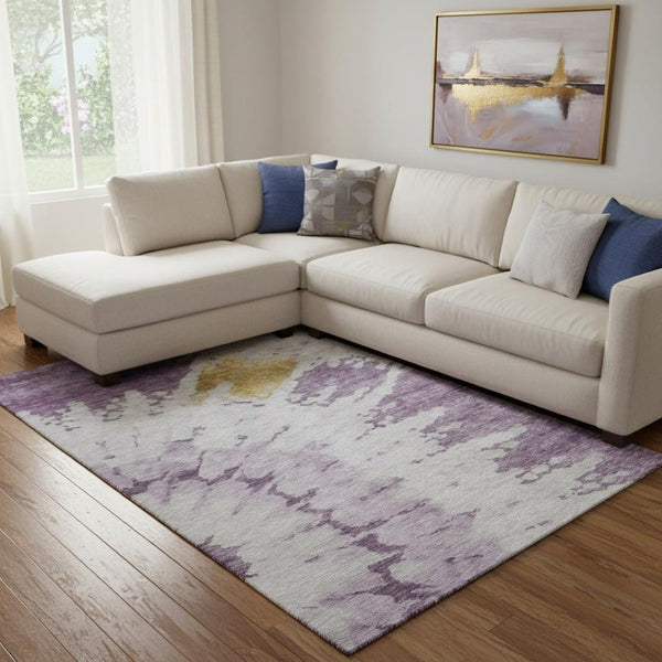 HomeRoots 8' X 10' Abstract Washable Area Rug in Purple, Gold & Ivory – Durable, UV-Protected & Stylish Design 651302