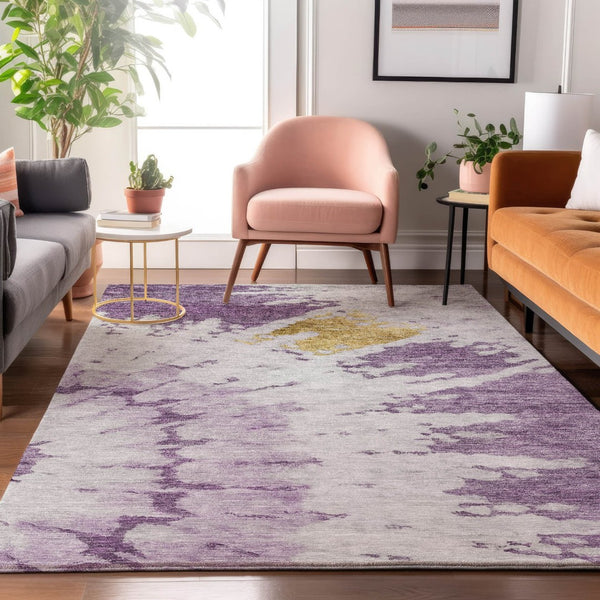 HomeRoots 8' X 10' Abstract Washable Area Rug in Purple, Gold & Ivory – Durable, UV-Protected & Stylish Design 651302