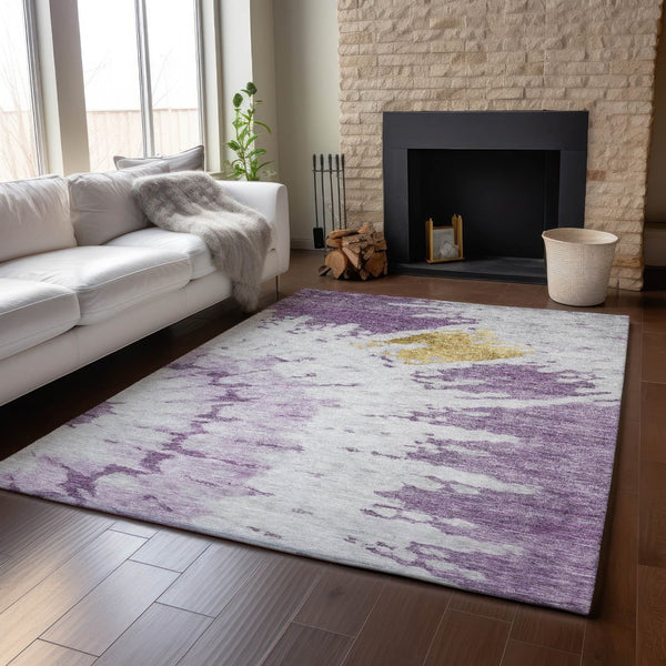 HomeRoots 8' X 10' Abstract Washable Area Rug in Purple, Gold & Ivory – Durable, UV-Protected & Stylish Design 651302