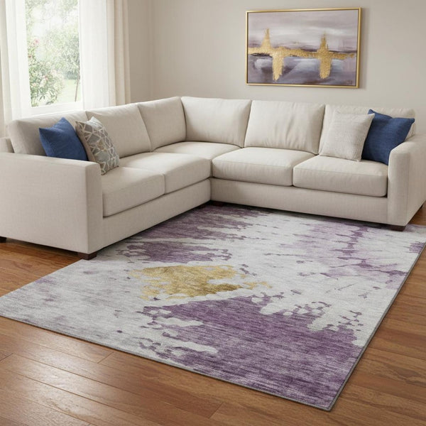 HomeRoots 9' X 12' Washable Abstract Area Rug in Purple, Gold & Ivory - Durable, Stain-Resistant, UV Protected! 651303