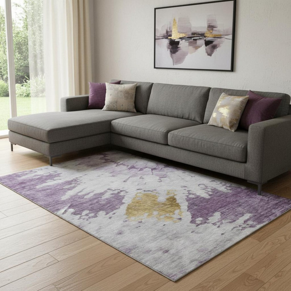 HomeRoots 10' X 14' Abstract Washable Area Rug in Purple, Gold & Ivory – Durable, Stain-Resistant, UV Protected 651304