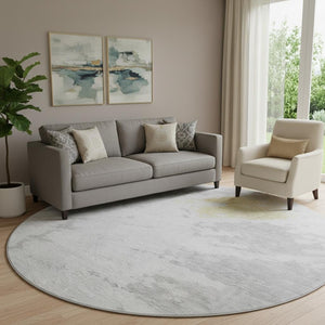 HomeRoots 8' Washable Round Rug in Silver, Gold & Ivory - Durable, Stain Resistant with UV Protection for Style 651307