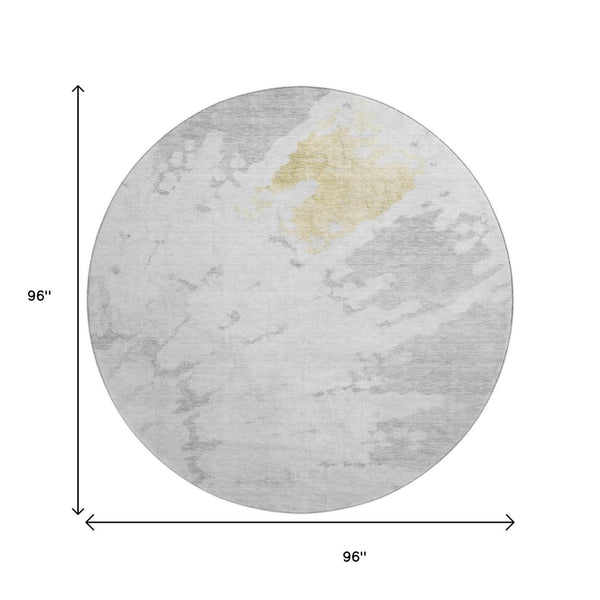 HomeRoots 8' Washable Round Rug in Silver, Gold & Ivory - Durable, Stain Resistant with UV Protection for Style 651307