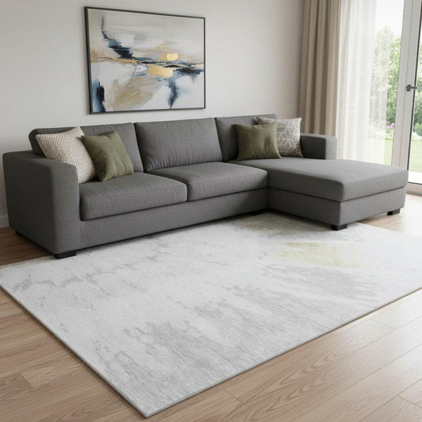 HomeRoots 8' X 10' Elegant Silver Gold Ivory Abstract Area Rug - Washable, UV Protected, Stain Resistant Design 651308