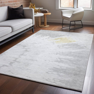 HomeRoots 9' X 12' Modern Abstract Washable Area Rug in Silver, Gold & Ivory – Stain Resistant with UV Protection 651309