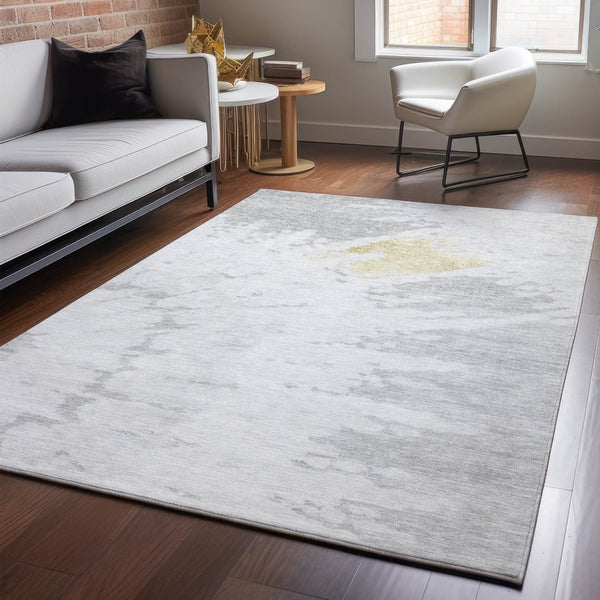HomeRoots 9' X 12' Modern Abstract Washable Area Rug in Silver, Gold & Ivory – Stain Resistant with UV Protection 651309