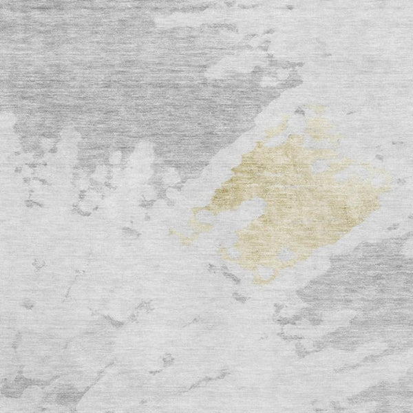 HomeRoots 9' X 12' Modern Abstract Washable Area Rug in Silver, Gold & Ivory – Stain Resistant with UV Protection 651309
