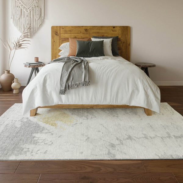 HomeRoots 9' X 12' Modern Abstract Washable Area Rug in Silver, Gold & Ivory – Stain Resistant with UV Protection 651309