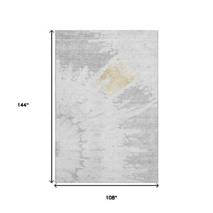 HomeRoots 9' X 12' Modern Abstract Washable Area Rug in Silver, Gold & Ivory – Stain Resistant with UV Protection 651309