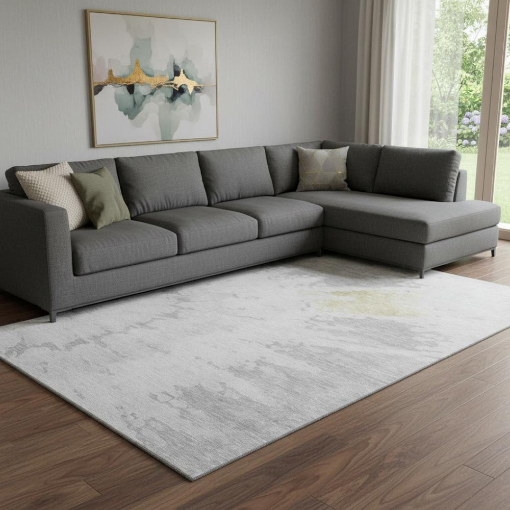 HomeRoots 10' X 14' Modern Abstract Washable Area Rug - Silver, Gold & Ivory with Stain Resistance & UV Protection 651310