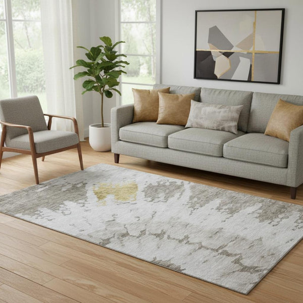HomeRoots 5' X 8' Abstract Washable Area Rug in Taupe, Gold & Ivory - Durable, UV-Protected & Easy-Care Design 651312