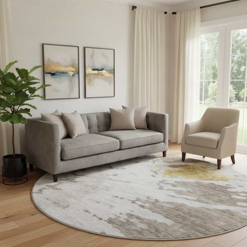 HomeRoots 8' Washable Round Rug in Taupe, Gold & Ivory - UV Protected, Stain Resistant, Perfect for Families! 651313