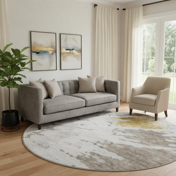 HomeRoots 8' Washable Round Rug in Taupe, Gold & Ivory - UV Protected, Stain Resistant, Perfect for Families! 651313