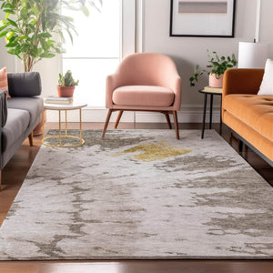 HomeRoots 8' X 10' Taupe Gold Ivory Abstract Area Rug - Washable, UV Protected, Stain Resistant for Modern Homes 651314
