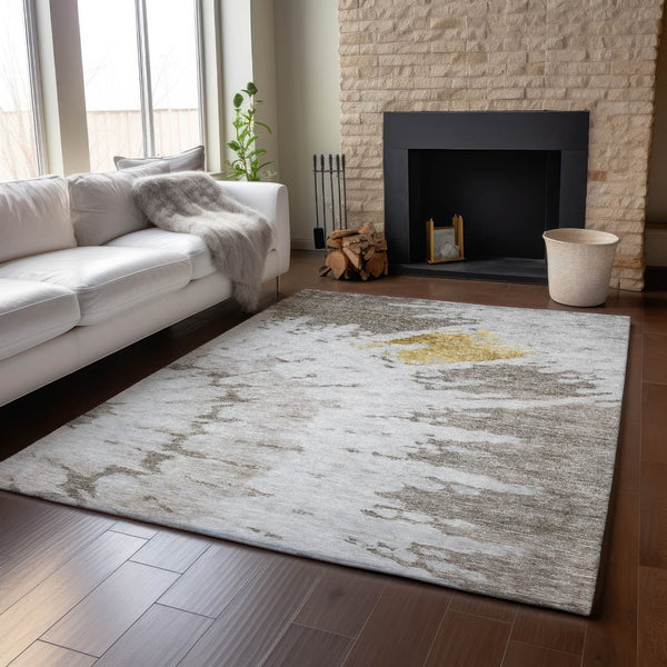 HomeRoots 8' X 10' Taupe Gold Ivory Abstract Area Rug - Washable, UV Protected, Stain Resistant for Modern Homes 651314