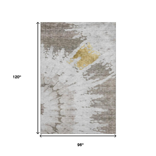 HomeRoots 8' X 10' Taupe Gold Ivory Abstract Area Rug - Washable, UV Protected, Stain Resistant for Modern Homes 651314