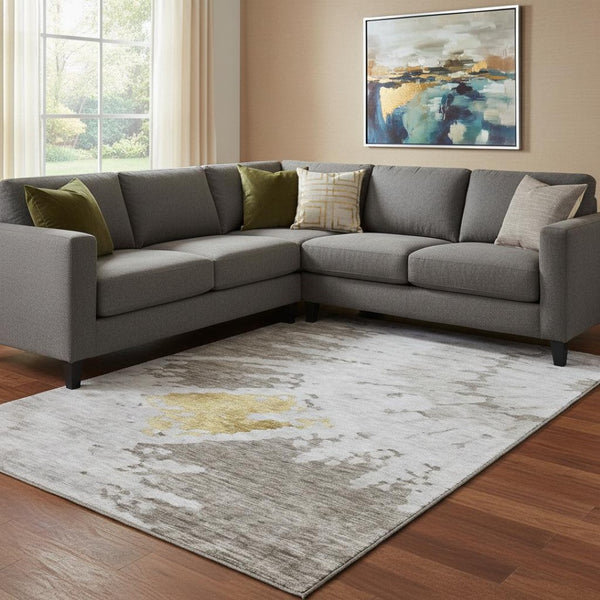 HomeRoots 8' X 10' Taupe Gold Ivory Abstract Area Rug - Washable, UV Protected, Stain Resistant for Modern Homes 651314