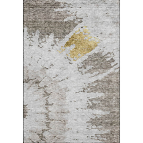 HomeRoots 9' X 12' Abstract Washable Area Rug in Taupe, Gold & Ivory with UV Protection for Modern Spaces 651315