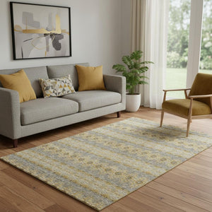 HomeRoots 5' X 8' Floral Medallion Area Rug in Gold, Blue, Ivory - Washable, UV Protected, Pet-Friendly Design 651324