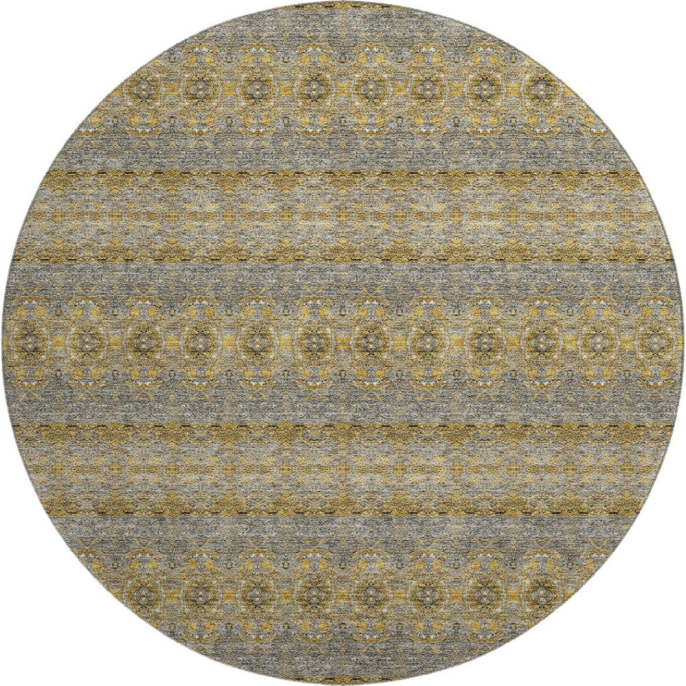 HomeRoots 8' Floral Medallion Round Rug in Gold, Blue & Ivory – Washable, UV Resistant, Perfect for Families! 651325