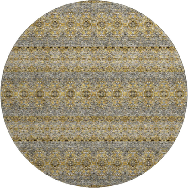 HomeRoots 8' Floral Medallion Round Rug in Gold, Blue & Ivory – Washable, UV Resistant, Perfect for Families! 651325
