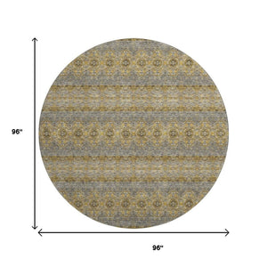 HomeRoots 8' Floral Medallion Round Rug in Gold, Blue & Ivory – Washable, UV Resistant, Perfect for Families! 651325