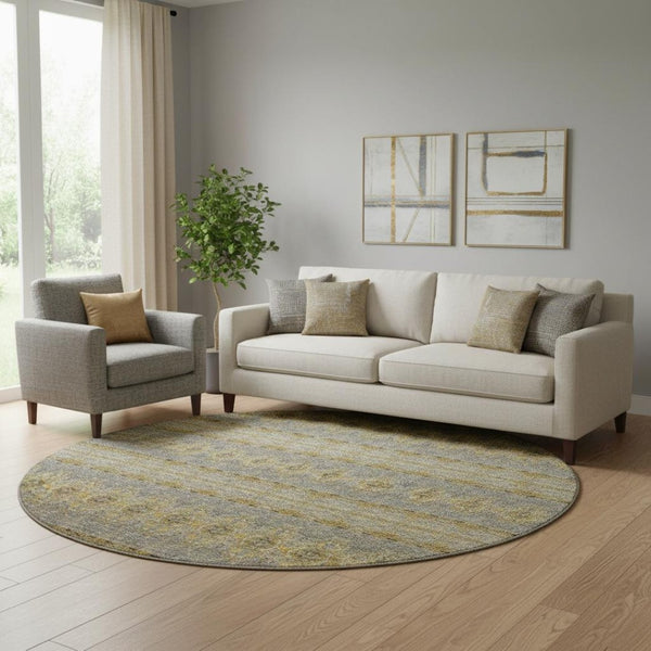 HomeRoots 8' Floral Medallion Round Rug in Gold, Blue & Ivory – Washable, UV Resistant, Perfect for Families! 651325
