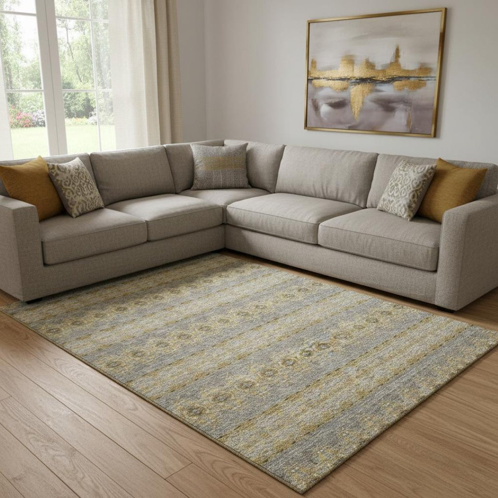 HomeRoots 8' X 10' Elegant Floral Medallion Area Rug in Gold, Blue & Ivory – Washable, UV-Protected & Durable 651326