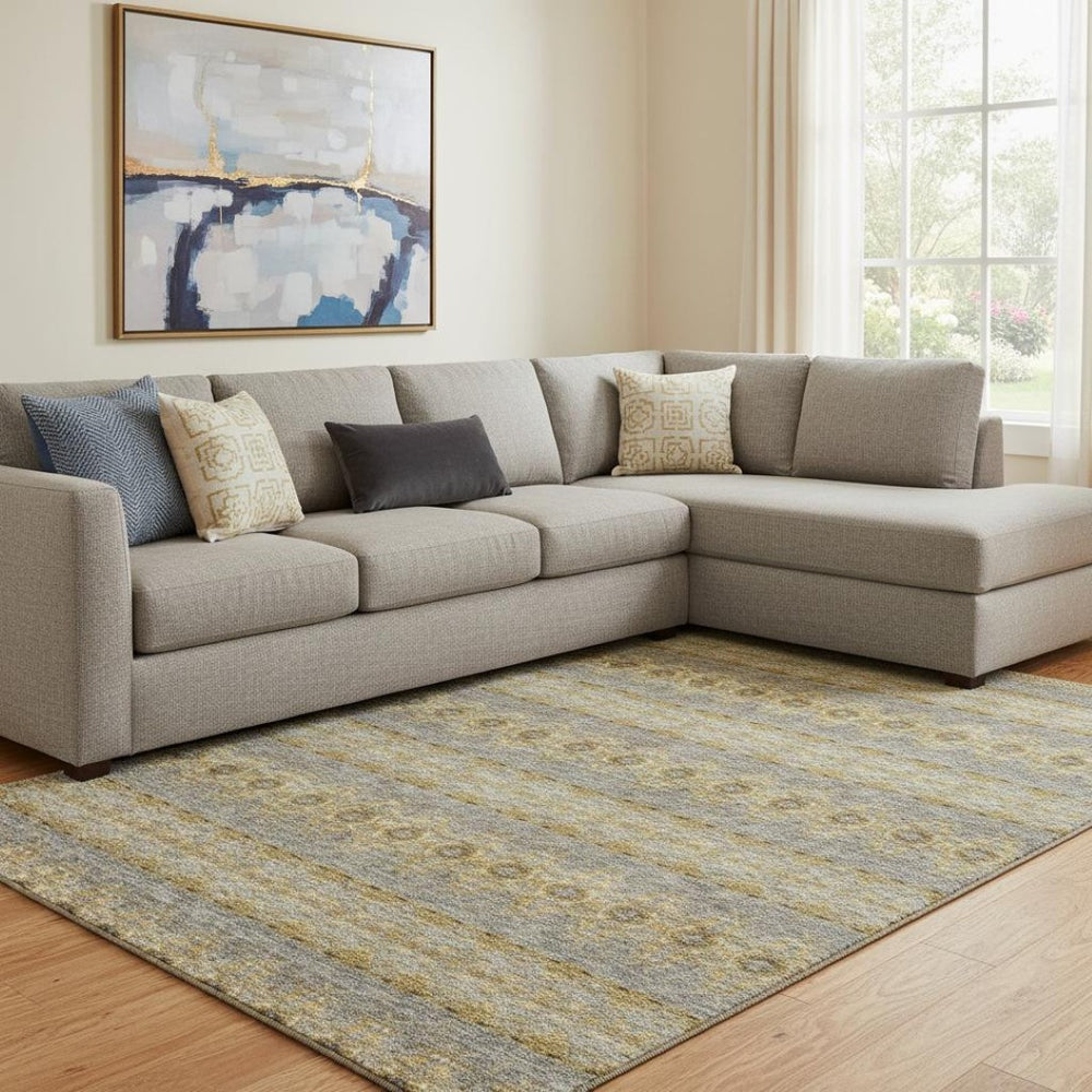 HomeRoots 9' X 12' Elegant Floral Medallion Area Rug in Gold, Blue & Ivory - Washable, UV-Resistant Design 651327