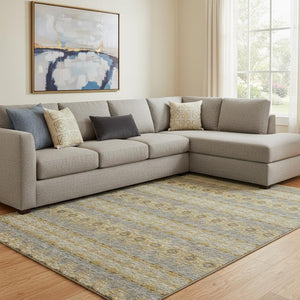 HomeRoots 9' X 12' Elegant Floral Medallion Area Rug in Gold, Blue & Ivory - Washable, UV-Resistant Design 651327