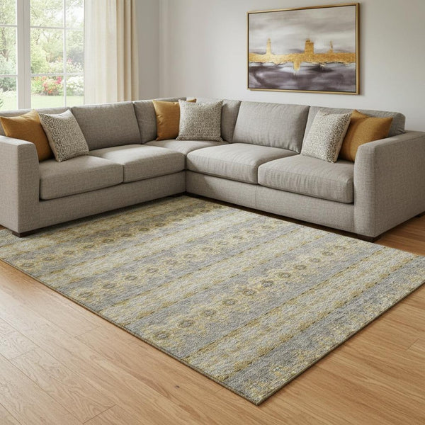 HomeRoots 10' X 14' Floral Medallion Area Rug in Gold, Blue & Ivory – Washable, UV Protected & Durable Design 651328