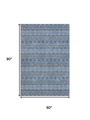 HomeRoots 5' X 8' Navy Gray Ivory Floral Medallion Area Rug - Washable, UV Protected & Stain-Resistant Design 651330